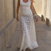 LIZAKOSHT - Sexy Women Lace High Waist Elastic See Through Party Club Maxi Skirts Elegant Ladies Summer Party Skirt 2025 Ladies Beachwear