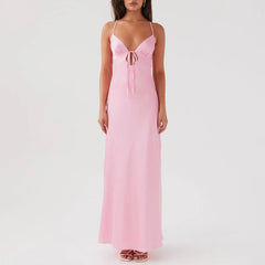 LIZAKOSHT - Women Cami Dress Solid Color Sleeveless Tie-Up Front Sleeveless Backless Dress Long Dress Summer Casual Spaghetti Strap Dress