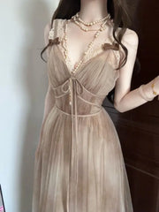 LIZAKOSHT - Korean Fashion Elegant Vintage Tie Dye Apricot Tulle Lace V Neck Sleeveless Tie Waist Maxi Dress Women Vacation Party Daily Wear