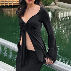 LIZAKOSHT - Women Sexy T-Shirt Niche Design V-Neck Bell Sleeve Top
