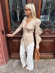 LIZAKOSHT - V-Neck Shoulder Pad Knit Jacket Woman Wavy Edge Sleeves Single Breasted Solid Color Slim Tops Versatile Causal Women's New Tops