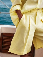 LIZAKOSHT - Casual Shorts for Women Cotton Linen Wide Leg Shorts New Fashion Loose High Waisted Pleated Elegant Yellow Half Pants