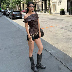 LIZAKOSHT - The 2025 Summer New Women's Irregular Leather Top Y2k High-quality and Fashionable High Street Pleated Cinched Waist Casual Vest