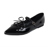 LIZAKOSHT - sexy T-strap flats women double bowtie ankle strap party shoes woman pointed toe cutout mary janes japanned leather loafers