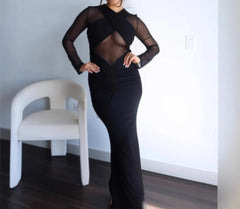LIZAKOSHT - New Women Long Sleeve See Through Sexy Solid Color Elegant Pleated Dress