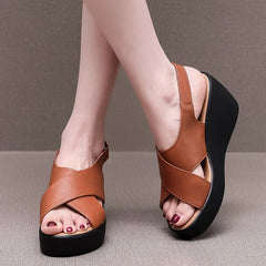 LIZAKOSHT - Cowhide Genuine Leather Women Sandal Platform High Heel Shoes Wedges Comfort Women Shoes Casual Trendy Shoes Women Sandals
