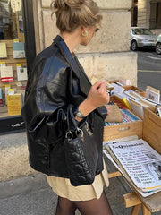 Lizakosht Lapel Collar Zipper Short PU Leather Jacket Women Long Sleeved Warm Windbreak Motocycle Coat Fashion Female Cool Outwears