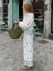 LIZAKOSHT  -  Holiday Embroidery Floral Shirts Women Blouses Suit Tops Two Piece Sets with Button Summer Vintage Elegant Woman Pant Suit