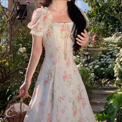 LIZAKOSHT - Summer Elegant Puff Sleeve France Dress Female High Waist Slim Floral Print Holiday Midi Dress Women One Piece Beach Dress
