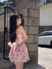 LIZAKOSHT - Summer Women Sleeveless Sweet Pink Print beach Dress Female Slim Holiday Halter Mini Dress Tierred Birthday Party Dress