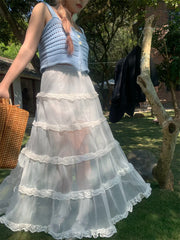 LIZAKOSHT - Kawaii Lace Mesh Long Skirt Women Summer 2024 Sexy Beach Sweet Cute Party Korean Fashion Lady Skirt Y2k