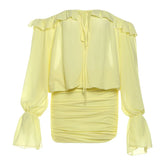 LIZAKOSHT - Elegant Sexy Yellow Ruffles Ruched Boydcon Mini Dress Women Lace Up Slash Neck Off Shoulder Flare Long Sleeve Party Clubwear