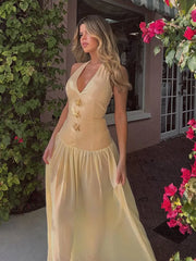 LIZAKOSHT - Starfish Halter Back Strap Dress Hanging Neck Waist Cinching Mesh Perspective Women Pleated Beach Long Dresses Slim Fit Robes