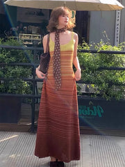 LIZAKOSHT - Knit Women Colorful Slip Long Casual Dress Square Collar Sleeveless Off-shoulder Slim Dresses Lady New Holiday Beach Gowns