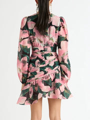 LIZAKOSHT - Print Irregular Dresses For Women V Neck Lantern Sleeve High Waist A Line Ruched Mesh Tunic Mini Dress Female Fashion New