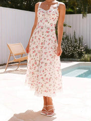 LIZAKOSHT  -  Elegant Maxi Dress with Floral Print and Lace Trim Sleeveless A-Line Dress for Women Perfect for Summer Fashion