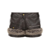 LIZAKOSHT - Women Fluffy Faux Fur Patchwork PU Leather Shorts 2025 Fall Winter Button Fly Medium Waist Slim Casual Streetwear Night Clubwear