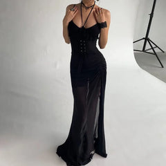 LIZAKOSHT - Drawstring Split Grommet Lace Up See Through Mesh Patchwork Maxi Dress Women Spaghetti Straps Ruffles Backless Party Clubwear