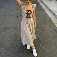 LIZAKOSHT - Women Vintage Plaid Dress Bow Smocked Ruffled Trim Flying Sleeve Long A-Line Dress Elegant Lady Cocktail Party Maxi Dress