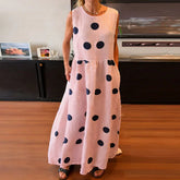 LIZAKOSHT - Leisure Crew Collar Sleeveless Polka Dot Printed Dress Summer Fashion Loose Pleated Maxi Dress Elegant High Waist Vacation Dress