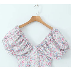 LIZAKOSHT  -  Vintage Puff Sleeve Floral Print Dresses Women V Neck Slim Short Holiday Summer Dress Sweet Robe