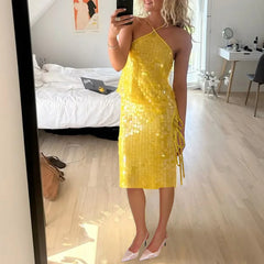 LIZAKOSHT - Early Spring Hot Girl Sequins Half SkirtsSexy Hollow Out Side Lace-up Solid Color Wrap Hips Skirts Fashion Slim Glitter Skirts