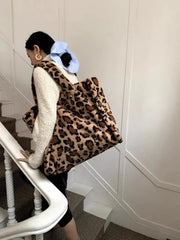 LIZAKOSHT - Korean Fashion Leopard Faux Fur Women Fluffy Tote Bags Handbags Large Capacity Girl Winter Plush Shoulder Bag