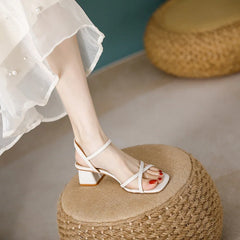 LIZAKOSHT - cross band high heels sandals women thick heel summer shoes solid color ankle strap gladiator sandalias de tacón