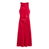 LIZAKOSHT  -  Summer New Women Sleeveless Dress Fashion Temperament Sexy Silk Satin Texture Solid Color Midi Long Dress Women Elegant