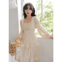 LIZAKOSHT - Vintage Lace Floral Dress for Woman French Square Collar Splicing Hollow Out Lantern Sleeve Romantic Sweet Elegant Midi Dresses