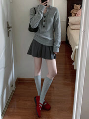 LIZAKOSHT - Buttons Grey Sweaters Woman Spring O-neck Long Sleeve Knitted Pullover Top Female Casual Vintage Preppy Style Jumpers Harajuku