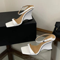 LIZAKOSHT - Summer Fashion Square Toe Buckle Strap Women Slippers Street Style Design Wedges High Heels Party Shoes