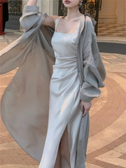 LIZAKOSHT Midi Dress Women Elegant Summer Folds Fashion Evening Party Lady Vestido Vintage Spring Female Clothing Solid Satin Dresses