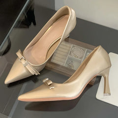 LIZAKOSHT - Bow Design Fine High Heels Women Brand Elegant Pumps Female Comfy Simple Fashions Pointed Toe High Heeled Office Women Shoes