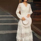 LIZAKOSHT  -  Vintage Long Sleeve Party Dress for Women Casual Deep V Floral Embroidery Boho Dresses Summer Casual Lace Vestidos