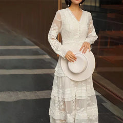 LIZAKOSHT - Vintage Long Sleeve Party Dress for Women Casual Deep V Floral Embroidery Boho Dresses Summer Casual Lace Vestidos