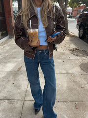 LIZAKOSHT  -  Women Solid Zipper Leather Jacket Fashion Patchwork Lapel Collar Long Sleeve Loose Overcoat Female Autumn High Street Outerwear