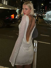 LIZAKOSHT - Women Sequins Evening Mini Dresses Y2K Sexy Backless Long Sleeve O Neck Lady Short Dress Elegant New Fashion Party Vestidos