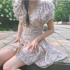 LIZAKOSHT  -  Vintage Puff Sleeve Floral Print Dresses Women V Neck Slim Short Holiday Summer Dress Sweet Robe