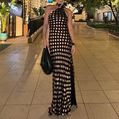LIZAKOSHT - Elegant Hanging Neck Backless Off-shoulder Polka Dot Chiffon Slimming Irregular Long Dress Party Vacation Clothes For Women