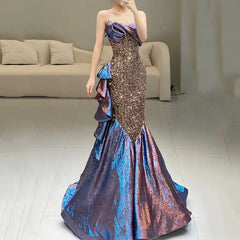 LIZAKOSHT - Purple Strapless Shiny Prom Dresses Sleeveless Mermaid Pleated Sexy Laser gradient 2024 New Formal Party Cocktail Evening Gowns