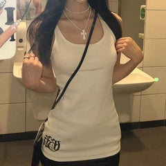 LIZAKOSHT - Casual Tank Top Women Chic Printing Sleeveless O Neck Slim Tank Top New Simple Design Sense Spice Girl Y2k Tops
