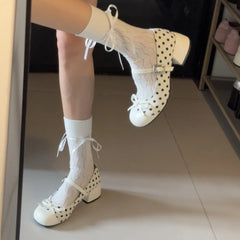 LIZAKOSHT - Cute Polka Dot Thick Heel Women Mary Jane Shoes Designer Buckle Strap Pumps Ladies Eelgant Butterfly-knot Dress Single Shoes