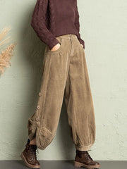 LIZAKOSHT - Korean Corduroy Women Pants Fall Winter Plush Warm Loose Casual Harem Trousers Retro High Waist Button Streetwear Wide Leg Pants