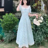 LIZAKOSHT - Sweet Print Floral Women Dresses Puff Sleeve Beach Style Elegant Long Dress Korean Fashion Vintage Vestidos Mujer