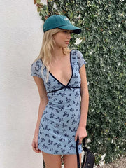 LIZAKOSHT Bowknot Sexy Bodycon Mesh Dress Women Spring Summer 2024 Short Mini Shealth Blue V Neck Party Vestidos Elastic Dress