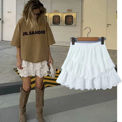 LIZAKOSHT - Summer French Elegant Lace Cake Skirt Fashion Mini Skirt Women Vintage Cotton A-line High Waist White Skirts Womens
