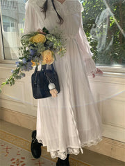 LIZAKOSHT - White Flare Sleeve Long Dress Lace Sweet V-Neck Chic 2024 Slim Cotton New Spring Office Lady Florals Gentle Casual