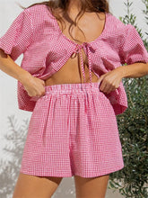 LIZAKOSHT - Women Summer Loose Casual 2 Pieces Sets Short Sleeve Plaid Print Split Tie-up T-Shirts Tops Elastic Waist Shorts
