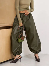 LIZAKOSHT - Womens Autumn Winter PU Lantern Pants Elegant Lazy Drawstring Casual Army Green Wide Leg Leather Pants